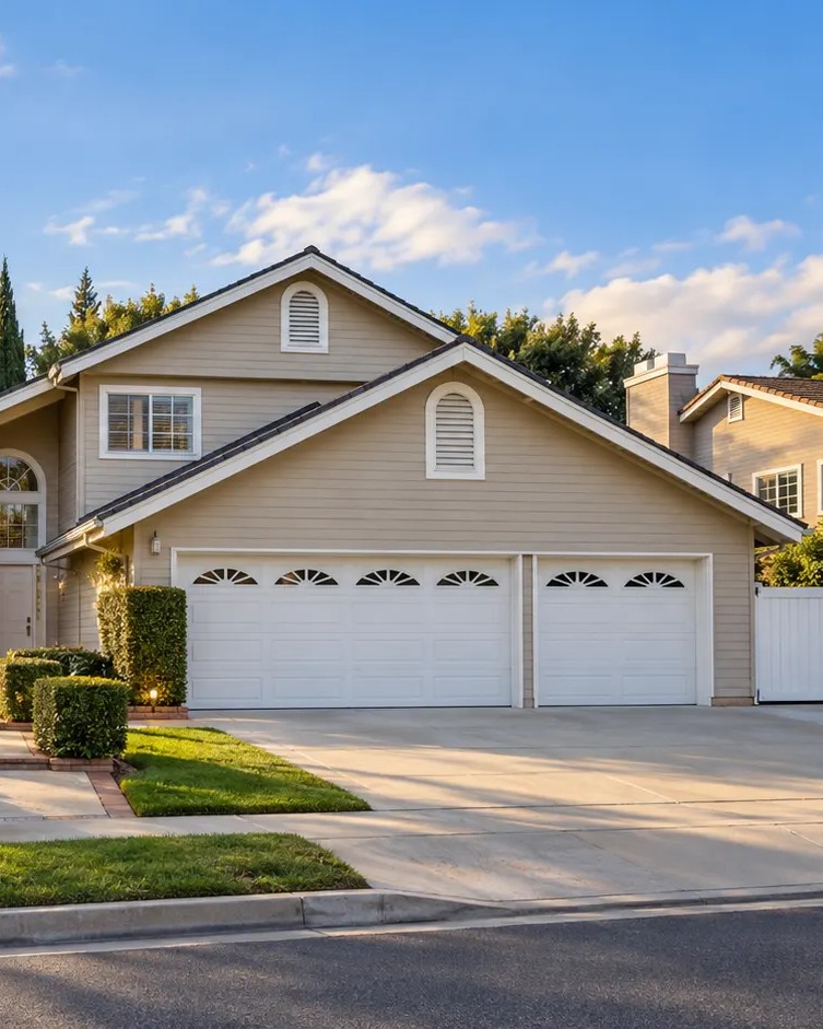 Illustration of a two-story tan single-family home with white trim, a three-car garage and a front lawn